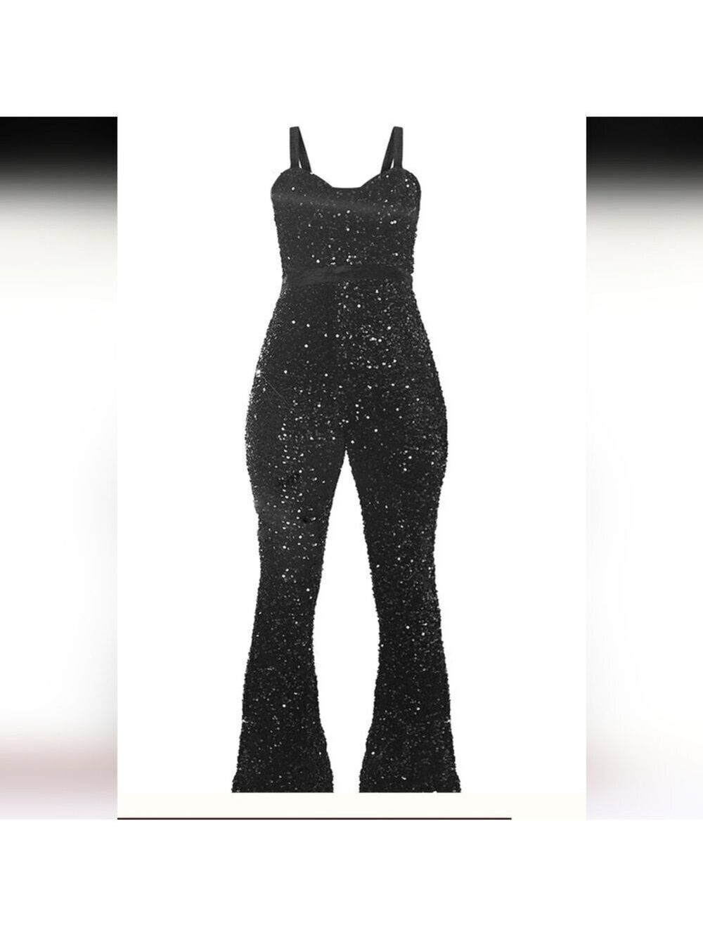 Prettylittlething Black Velvet Sequin Flare Waistband Strappy  Jumpsuit